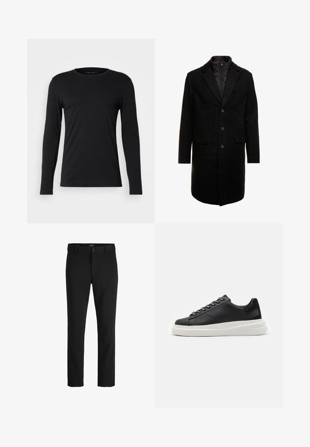 Must värviline villasegu mantlit, millel on sujuv disain, varustatud lülitatava isoleeritud sisemise kihiga, kolme nupukese ja kahe eesmine taskuga.; Must must-sleeve T-särk, mis on valmistatud pehmest kangast. Omab ümmargust kaelust ja liibuvat siluetti, ilma nähtavate graafikute või kaunistusteta.; Mustad püksid, mis on valmistatud libisevast kangast, klassikalise kujundusega, sirge lõikega, esise nupuga ja küljetaskutega.; Mustmustest musta nahkistsneaker, millel on valge kummist tald, sirged paelad ja bränditud silmad. Pehme tekstuur kontrastse küljeaktsendiga.