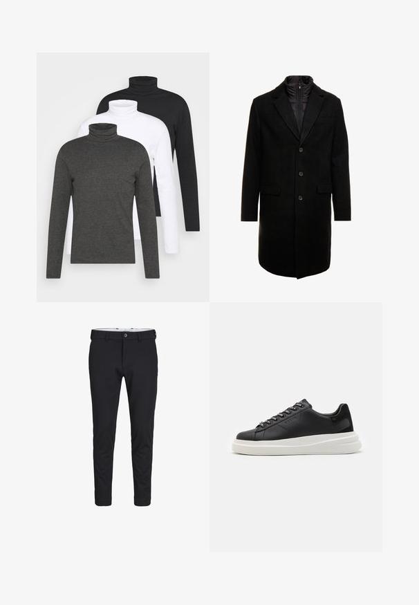 Palton dintr-un amestec de lână negru, cu un design elegant, având un strat interior izolat care se poate atașa cu fermoar, trei butoane și două buzunare frontale.; Trei pulovere cu mânecă lungă și guler înalt în nuanțe de gri închis, alb și negru. Confecționate dintr-un material moale cu design cu model în relief la guler și mâneci ajustate.; Pantaloni negri dintr-un material neted și elastic. Au o croială slim, închidere cu nasture și buzunare laterale.; Sneaker din piele neagră cu o talpă din cauciuc alb, cu șireturi plate și eyelets marcate. Textură moale cu un accent lateral contrastant.