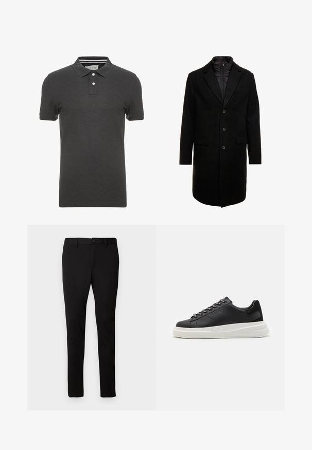 Sort uldblandings frakk med et elegant design, der har et indbygget isoleret inderlag, tre knapper og to forlommer.; Mørkegrå polo skjorte med korte ærmer, krave og tre-knaps placket. Har diskrete stribede detaljer indeni kraven.; Sorte slim-fit bukser med bæltesløjfer, frontknap og lynlås, vist på en ensfarvet lys baggrund.; Sort lædersneaker med en hvid gummisål, der har flade snørebånd og branded øjer. Blød tekstur med en kontrasterende sideaccent.