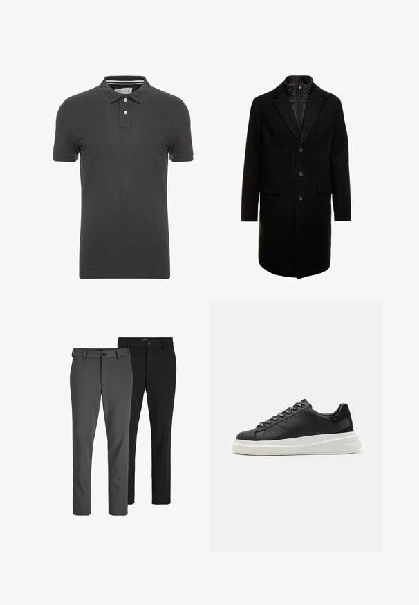 Sort uldblandings frakk med et elegant design, der har et indbygget isoleret inderlag, tre knapper og to forlommer.; Mørkegrå polo skjorte med korte ærmer, krave og tre-knaps placket. Har diskrete stribede detaljer indeni kraven.; To sæt skræddersyede bukser, et gråt og et sort, lavet af glat stof. Funktioner inkluderer en knaplukning og lige ben design.; Sort lædersneaker med en hvid gummisål, der har flade snørebånd og branded øjer. Blød tekstur med en kontrasterende sideaccent.