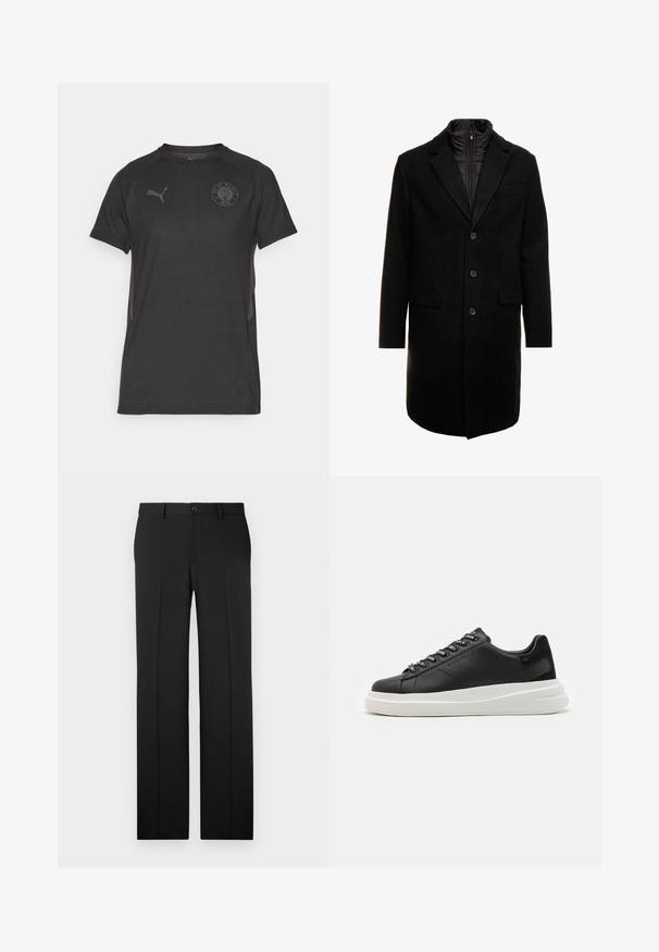 Pardessus preto em mistura de lã com um design elegante, apresentando uma camada interna isolada que pode ser colocada, três botões e dois bolsos frontais.; Camiseta atlética preta de manga curta com decote redondo, apresentando uma textura horizontal subtil e um logótipo circular do clube no peito.; Calças pretas, sob medida, com corte de perna reta, tecido suave, pregas frontais e um único botão de fecho na cintura.; Sapatilha preta em pele com sola de borracha branca, apresentando atacadores planos e ilhós com marca. Textura suave com um detalhe lateral em contraste.