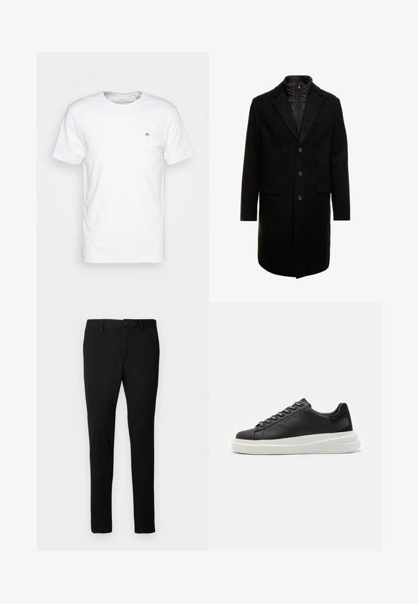 Must värviline villasegu mantlit, millel on sujuv disain, varustatud lülitatava isoleeritud sisemise kihiga, kolme nupukese ja kahe eesmine taskuga.; Valge puuvillane t-särk ümmarguse kaelaaugu ja lühikeste varrukatega, millel on rindkere piirkonnas väike logo ja sile, puhas tekstuur.; Mustad kitsaste sääreosadega mustad püksid, millega on kaasas vöökohad, eesnupp ja luku sulgemine, esitatud heledal ühtlasel taustal.; Mustmustest musta nahkistsneaker, millel on valge kummist tald, sirged paelad ja bränditud silmad. Pehme tekstuur kontrastse küljeaktsendiga.