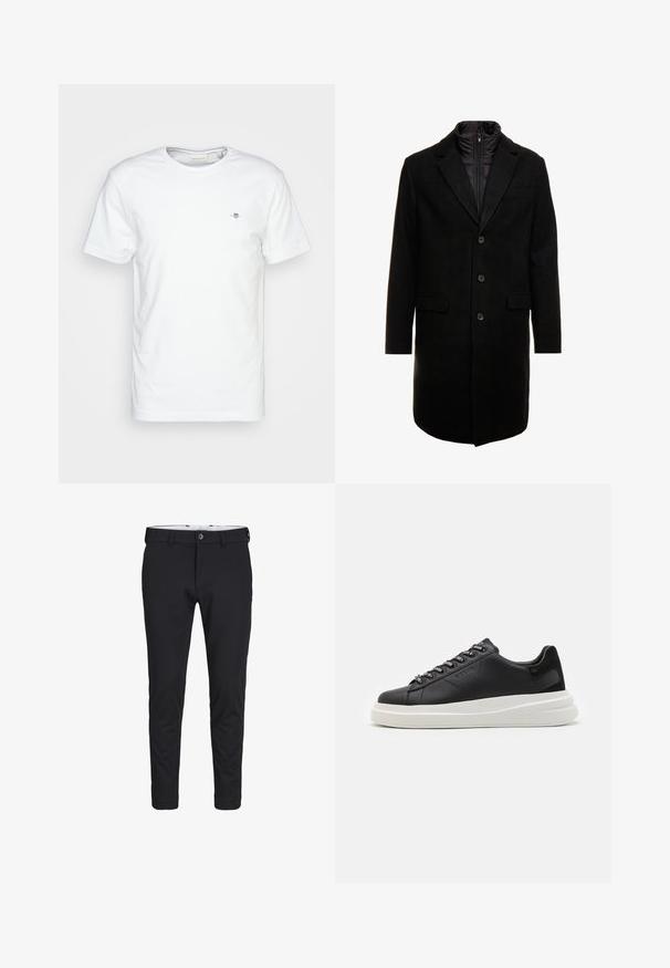 Melna vilnas maisījuma virsjakas ar elegantu dizainu, kurā ir iešūta izolēta iekšējā kārta, trīs pogas un divas priekšējās kabatas.; Baltas kokvilnas T-krekls ar apaļu kaklu un īsām piedurknēm, ar mazu logotipu uz krūtīm un gludu, tīru tekstūru.; Melnas bikses, izgatavotas no gludas, elastīgas auduma. Tām ir šaura piegriezuma, pogas aizdare un sānu kabatas.; Melnas ādas sporta kurpes ar baltu gumijas zoli, kurām ir plakanas saites un zīmola acs. Mīksta tekstūra ar kontrastējošu sānu akcentu.