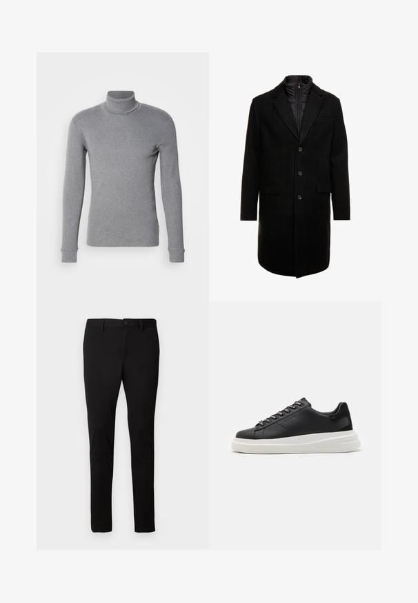 Fekete gyapjú keverékből készült overál, letisztult dizájnnal, cipzárral ellátott szigetelt belső réteggel, három gombbal és két elülső zsebből.; Szürke garbó pulóver, puha, rugalmas anyagból készült. Hosszú ujjak, testhezálló fazon és bordázott nyakrésszel, valamint mandzsettákkal rendelkezik.; Fekete, slim-fit nadrág övbújtatókkal, elülső gombbal és cipzárral, egyszerű világos háttéren bemutatva.; Fekete bőr sportcipő fehér gumitalppal, lapos fűzőkkel és márkázott fűzőlyukakkal. Puha tapintású, kontrasztos oldali akcentussal.