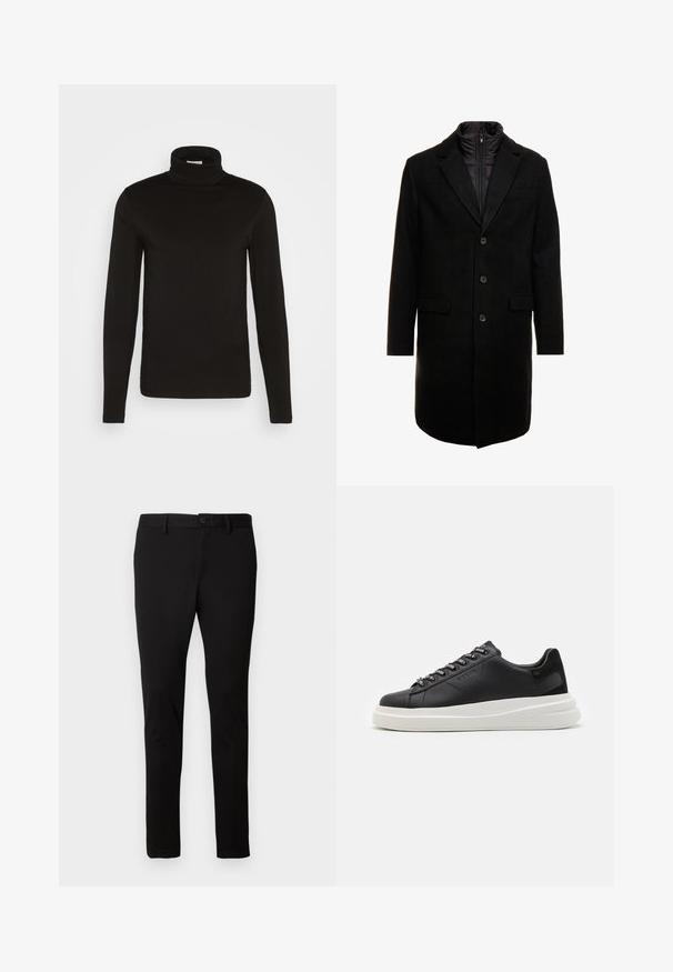 Fekete gyapjú keverékből készült overál, letisztult dizájnnal, cipzárral ellátott szigetelt belső réteggel, három gombbal és két elülső zsebből.; Fekete garbó, hosszú ujjú póló sima anyagból, testhezálló kialakítással és magas, szoros gallérral. Nincsenek látható minták vagy kiegészítők.; Fekete, slim-fit nadrág övbújtatókkal, elülső gombbal és cipzárral, egyszerű világos háttéren bemutatva.; Fekete bőr sportcipő fehér gumitalppal, lapos fűzőkkel és márkázott fűzőlyukakkal. Puha tapintású, kontrasztos oldali akcentussal.
