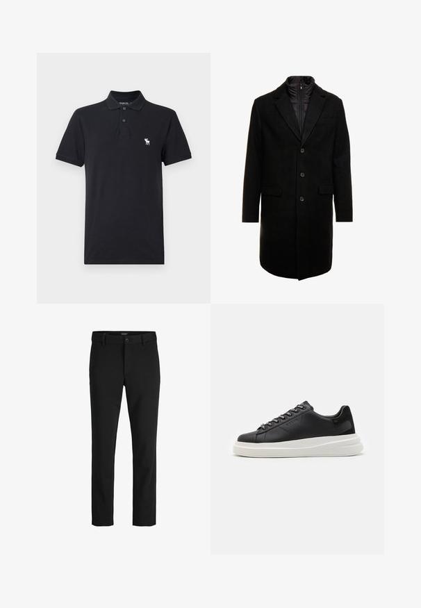 Zwarte wolblend overjas met een slank ontwerp, voorzien van een uitneembare geïsoleerde binnenlaag, drie knopen en twee voorzakken.; Zwarte polo gemaakt van katoen. Voorzien van een kraag, twee knopen en een klein wit logo op de linkerborst. Korte mouwen, geen patronen.; Zwarte broek van gladde stof, met een klassiek ontwerp, rechte snit, sluiting met een voorknop en zijzakken.; Zwarte leren sneakers met een witte rubberen zool, voorzien van platte veters en gemerkte oogjes. Zachte textuur met een contrasterende zijaccent.
