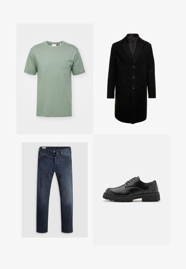 Zwarte wolblend overjas met een slank ontwerp, voorzien van een uitneembare geïsoleerde binnenlaag, drie knopen en twee voorzakken.; GANT SHIELD - T-shirt basic - dry green; Donkerblauwe denim jeans met een rechte pijp, voorzien van een rits en metalen knopen, en koperen klinknagels. Gladde textuur, geen zichtbare patronen.; Zwarte leren schoenen met een ronde neus, vetersluiting en een dikke, gestructureerde rubberen zool. Kenmerken zijn stiksels langs de rand en een gladde afwerking.