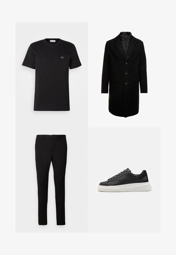 Melna vilnas maisījuma virsjakas ar elegantu dizainu, kurā ir iešūta izolēta iekšējā kārta, trīs pogas un divas priekšējās kabatas.; Melna kokvilnas T-kreklu ar apaļu kakla izgriezumu, īsām piedurknēm un mazu logotipa uzšuvumu kreisajā krūtī. Gluda tekstūra, klasiskā piegriezuma.; Melni pieguļoši bikses ar jostu cilpām, priekšējo pogu un rāvējslēdzēju, izstādītas uz vienkārša gaiša fona.; Melnas ādas sporta kurpes ar baltu gumijas zoli, kurām ir plakanas saites un zīmola acs. Mīksta tekstūra ar kontrastējošu sānu akcentu.