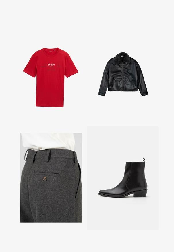 Giacca in pelle nera con colletto in pelliccia sintetica, due tasche laterali e finitura testurizzata. Include una zip frontale e dettagli ricamati.; T-shirt di cotone rosso con maniche corte, scollatura rotonda, con testo stampato in bianco e blu scuro sul davanti, senza decorazioni visibili.; Pantaloni di lana grigi con una finitura texturizzata, dotati di una tasca posteriore singola con un bottone marrone e passanti per cintura nella vita.; Zign LEATHER - Stivaletti texani / biker - black