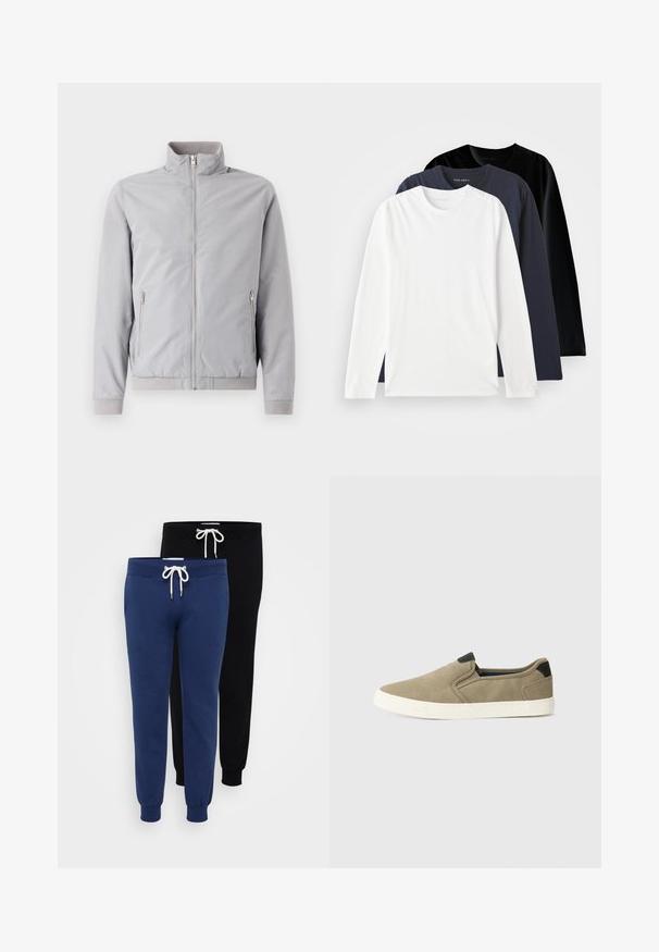 Jachetă gri deschis cu guler ridicat, închidere cu fermoar și două buzunare laterale cu fermoar. Prezintă manșete și tiv ondulate, textură netedă.; Trei tricouri cu mânecă lungă așezate unul peste altul: unul alb, unul bleumarin închis și unul negru. Fabricate din bumbac neted, cu gât rotund și slituri laterale.; Două perechi de pantaloni de trening: una albastră închis și una neagră. Ambele au manșete elastice, talie cu șnur și un material moale din bumbac.; Pantofi slip-on taupe cu un material superior texturat, accent pe toc negru în contrast și talpă din cauciuc alb. Design perforat pentru respirabilitate.