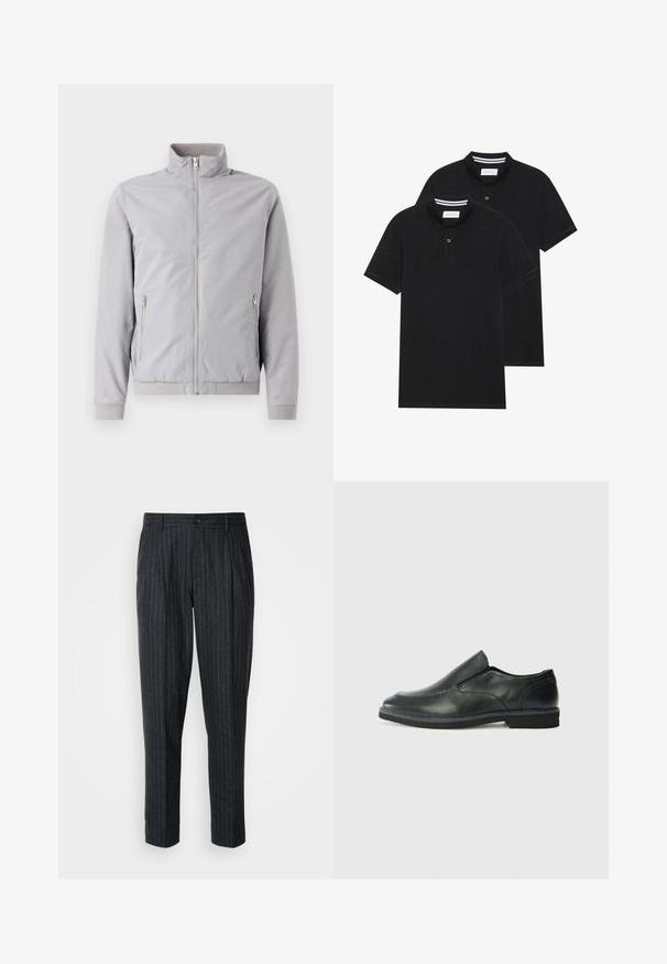 Giacca grigia chiaro con colletto alto, chiusura a zip e due tasche laterali con zip. Presenta polsini e bordo a coste, texture liscia.; Due magliette polo nere, con maniche corte, in cotone, con colletto classico, pattina a due bottoni e dettagli a righe bianche all'interno del colletto.; Pantaloni su misura in tessuto grigio scuro con sottili righe verticali; presentano una chiusura con bottone e una parte anteriore plissettata.; Scarpa nera in pelle con inserto scivolare, superiore liscio, dettagli cuciti, punta arrotondata e tacco in gomma basso. La suola presenta un battistrada minimale.