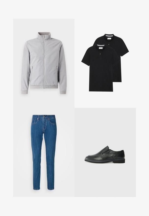 Giacca grigia chiaro con colletto alto, chiusura a zip e due tasche laterali con zip. Presenta polsini e bordo a coste, texture liscia.; Due magliette polo nere, con maniche corte, in cotone, con colletto classico, pattina a due bottoni e dettagli a righe bianche all'interno del colletto.; Jeans dritti blu in denim, con un design a cinque tasche standard, chiusura con bottone e un leggero sbiadimento lungo le gambe.; Scarpa nera in pelle con inserto scivolare, superiore liscio, dettagli cuciti, punta arrotondata e tacco in gomma basso. La suola presenta un battistrada minimale.