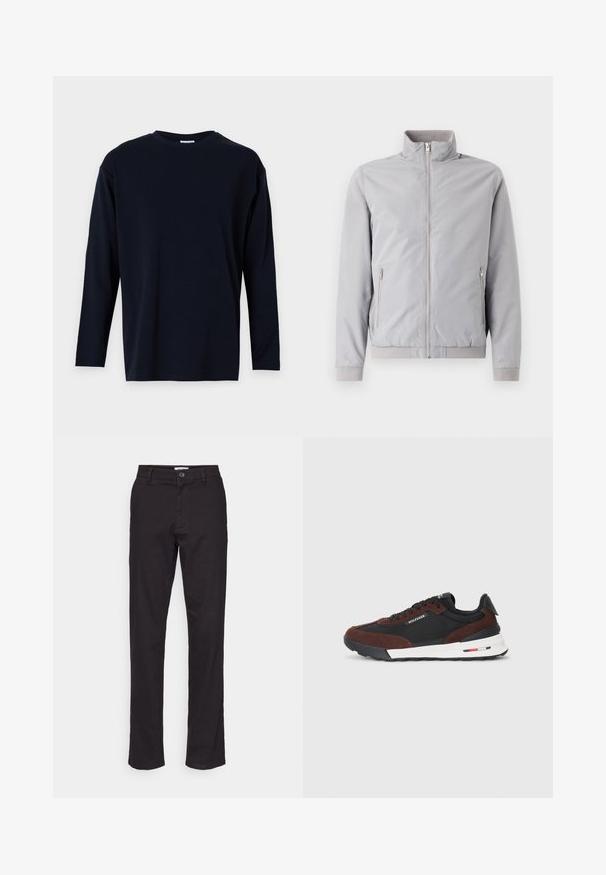Světle šedá bunda s výstředním límcem, zipovým zapínáním a dvěma postranními zipovými kapsami. Má žebrované manžety a lem, hladkou texturu.; Dlouhý rukáv v tmavě námořnické modři, vyrobený z měkké bavlny, s kulatým výstřihem a volným střihem, bez viditelných vzorů nebo akcentů.; Černé bavlněné kalhoty se střihem rovného nohavice, s předním zapínáním na knoflík a bočními kapsami. Hladká textura a minimální detaily.; Tommy Hilfiger RETRO RUNNER MIX - Tenisky - black/cocoa