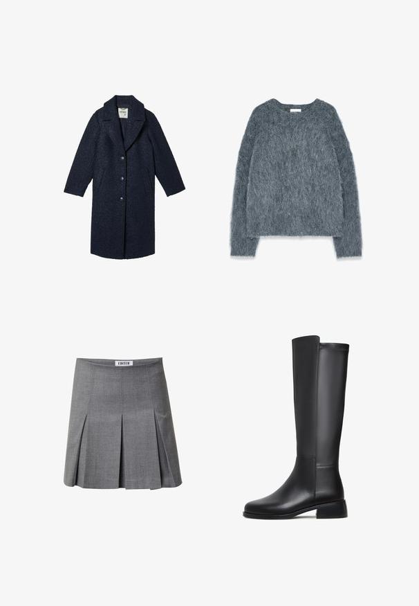 Marineblauer Wollmantel mit strukturiertem Finish, Reverskragen, langen Ärmeln, vorderen Knöpfen und Seitentaschen.; Strickpullover in Grau mit lockerer Passform, langen Ärmeln und weitem Halsausschnitt. Weiches, flauschiges Material mit leichtem Glanz. Keine auffälligen Muster oder Akzente.; Grauer plissierter Rock aus strukturiertem Stoff. Verfügt über einen geraden Schnitt, einen dezenten Glanz und ein Etikett am Bund. Entworfen für eine figurbetonte Silhouette.; Schwarze Lederknöchelhöhe Stiefel mit glatter Textur, runder Zehenform, niedrigem Blockabsatz und subtilen Steppnähten an der Seite.