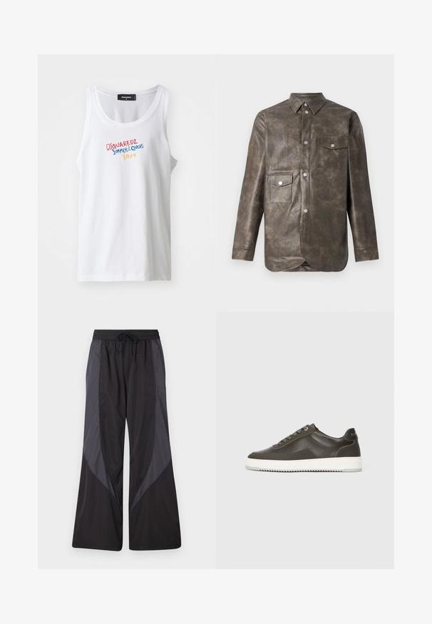 Brown leather shirt jacket with a collar, front snap buttons, two chest pockets, and a slightly curved hem. Smooth texture, tailored fit.; White cotton tank top featuring multicolored embroidered text "DSQUARED2 SUMMER LOVERS XOXO" on the front. Round neck design.; Han Kjøbenhavn PANELLED TRACK TROUSERS - Tracksuit bottoms - anthracite black; Dark gray leather sneaker with a smooth texture, white rubber sole, flat laces, and a subtle logo on the heel. Low-top design.