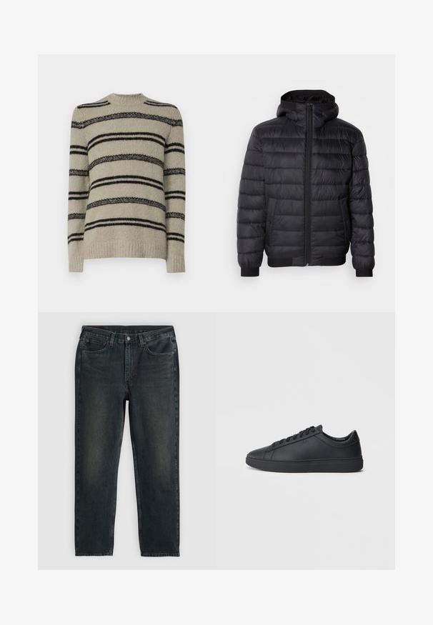 Črna pufasta jakna s kapuco, z ožičenim podloženjem, sprednjim zadrgo in elastičnimi manšetami ter robom. Gladek, vodoodporen material.; Bežna pulover z črnimi črtami, pletena tekstura, krožni ovratnik in dolgi rokavi. Značilnost so črte različnih debelin za detajle.; Temno modri traper hlače z ravnim krojem, opremljene s petimi žepi, zadrgo in kontrastnim šivom. Nežna bledica na tkanini.; Črne superge iz gladkega usnja z nizkim dizajnom, okroglo konico in ravnim gumijastim podplatom. Imajo vezalke in subtilno blagovno znamko.