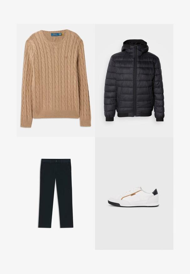 Svart puffjacka med huva, med kviltad polstring, framdragkedja och elastiska ärmslut och nederkant. Slät, vattenavvisande material.; Beige stickad tröja med kabelmönster, rund halsringning, ribbade ärmslut och nederkant. Har varumärkesetiketten på insidan av halsen.; Mörk marinblå chinos tillverkade av en blandning av bomull. Har bältesloopar, framfickor och en dragkedja med knappstängning.; Vita sportskor i vitt med inslag av nät och läder. Har en gyllene "BOSS"-logotyp, texturerade sidopaneler och en svart hälkap. Gummisula.