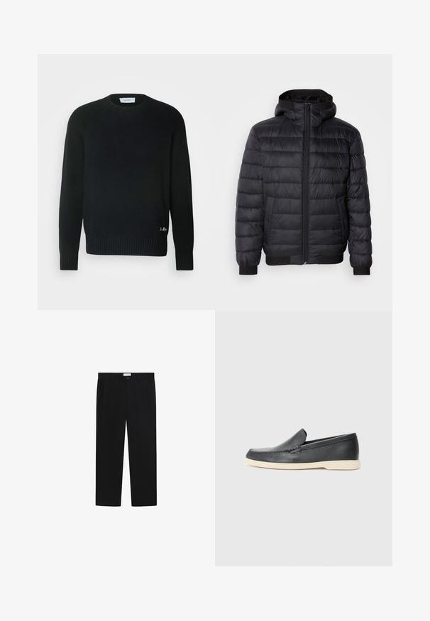 Schwarze Daunenjacke mit Kapuze, ausgestattet mit gestepptem Futter, einem Reißverschluss vorn und elastischen Bündchen und Saum. Glattes, wasserabweisendes Material.; Les Deux BRAD ROUNDNECK - Strickpullover - black; Schwarze Hose mit gerader Beinform, Fronttaschen und Knopfverschluss. Hergestellt aus einem glatten Stoff mit einem eleganten Finish.; Schwarze Leder-Slipper mit strukturiertem Finish und einer kontrastierenden beige Gummisohle. Mit einem dezenten Akzent an der Vorderseite.