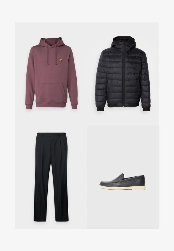 Črna pufasta jakna s kapuco, z ožičenim podloženjem, sprednjim zadrgo in elastičnimi manšetami ter robom. Gladek, vodoodporen material.; Bordo kapuca iz bombažne mešanice, z kengurujskim žepom, nastavljivim vrvico za kapuco in majhnim rumenim logotipom na prsih.; Črne hlače s pregibi, izdelane iz gladkega materiala. Imajo raven kroj, pas z zankami in brez žepov. Preprost dizajn.; Črne usnjene natikače z teksturiranim zaključkom in kontrastno bež gumo na podplatu. Imajo subtilen naglas vzdolž sprednje strani.