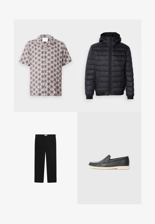 Czarna kurtka puchowa z kapturem, z wypełnieniem pikowanym, przednim zamkiem błyskawicznym oraz elastycznymi mankietami i dołem. Gładki, wodoodporny materiał.; Koszula z krótkim rękawem wykonana z lekkiego materiału, z białym tłem i powtarzającym się wzorem kwiatowym w kolorach czerwonym i zielonym. Posiada kołnierzyk i guziki.; Czarne spodnie o prostym kroju, z przednimi kieszeniami i zapięciem na guzik. Wykonane z gładkiego materiału o eleganckim wykończeniu.; Czarne skórzane slip-ony w stylu loafers z teksturowanym wykończeniem i kontrastującą beżową gumową podeszwą. Posiadają delikatny akcent wzdłuż przodu.