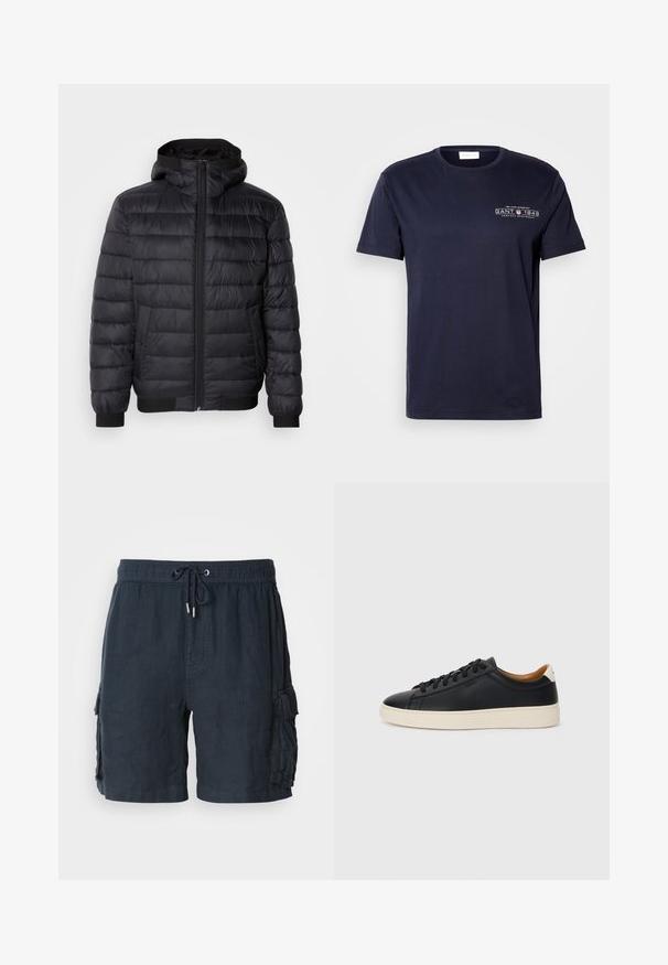 Svart puffjakke med hette, med quiltepolstring, frontglidelås og elastiske mansjetter og hem. Glatt, vannavstøtende materiale.; Marineblå bomulls T-skjorte med rund hals, korte ermer, og et fronttrykk med "GANT 1949" i hvitt. Glatt tekstur, klassisk passform.; Mørkeblå cargo-shorts for menn, laget av lett materiale, med elastisk midje og snøring, samt to sidelommer.; Sorte skinnesneakers med en jevn tekstur, beige gummisåle, lisser og en kontrasterende hæl aksent.
