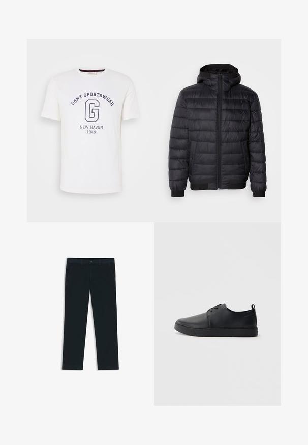 Black puffer jacket with a hood, featuring quilted padding, a front zipper, and elasticized cuffs and hem. Smooth, water-resistant material.; White cotton t-shirt featuring a crew neckline, short sleeves, and dark blue printed text: "GANT SPORTSWEAR," "NEW HAVEN," and "1949."; Dark navy chinos made from cotton blend fabric. Features belt loops, front pockets, and a zipper fly with button closure.; Black leather sneaker with a smooth finish, rounded toe, tonal stitching, lace-up front, and a flat rubber sole. Loop at the heel.