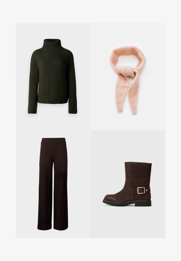Cappotto in lana beige doppiopetto con ampi rever, maniche lunghe e due grandi bottoni. Tessuto liscio con una vestibilità oversize.; Maglione a collo alto ribbed di colore verde scuro, con maniche lunghe e una vestibilità rilassata. Realizzato in materiale a maglia testurizzata, offre calore e comfort.; Pantaloni neri a gamba larga con vita elastica, realizzati in un tessuto liscio e stretch. Presentano un design pulito senza fantasie.; Stivale alla caviglia in suede marrone con punta arrotondata, suola nera piatta e dettaglio in oro con fibbia sul lato. Texture liscia e design semplice.; Sciarpa a maglia rosa pallido, morbida al tatto, con design a cerchio e estremità allungate, caratterizzata da un dettaglio annodato al centro.