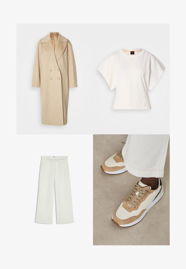 Doppelreiher-hellbeiger Wollmantel mit breiten Revers, langen Ärmeln und zwei großen Knöpfen. Glatte Textur mit oversized Passform.; Weißes, kurzes T-Shirt, kurze weite Ärmel, weicher Baumwollstoff, runder Ausschnitt mit subtilen orangefarbenen Akzenten, minimales Design, keine Muster oder Grafiken.; Weite Hose aus zartem Creme-Stoff, mit seitlichen Taschen, flatem Bund und einer Knopfverschluss an der Taille. Glatte Textur.; Beige und hellbraune Sneakers mit einer glatten Oberseite, strukturierten Wildlederelementen, flachen Schnürsenkeln und einer weißen Gummisohle.