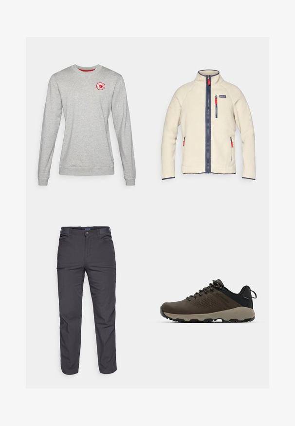 Krema flis jopica z visokim ovratnikom, mornarskimi zadrgami in kontrastnimi rdečimi ročaji zadrg. Ima stranske in prsne žepe. Tekstura površine.; Sivi pulover s krožnim ovratnikom, izdelan iz bombažne mešanice, z rdečim krožnim logotipom na prsih ter rebrastimi manžetami na rokavih in robu.; Temno sivi hlače iz trpežnega materiala, ki vsebujejo žep na zadrgo, ravno krojenje in zanke za pas za prilagodljivo prileganje.; Rjave vodoodporne superge z teksturiranim zgornjim delom, perforiranimi detajli, črno podporo za peto in sivo gumijasto podlogo. Šnure imajo metalne konice.