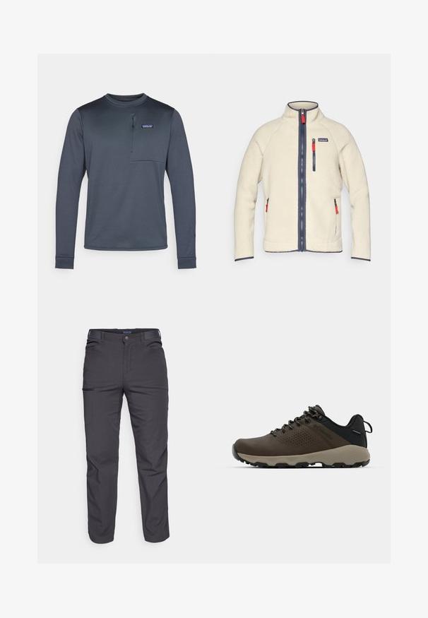 Krém színű polárdzseki magas gallérral, sötétkék cipzárakkal és kontrasztos piros cipzárhúzók. Oldalsó és mellzsebekkel rendelkezik. Texturált felület.; Hosszú ujjú, sötétkék szintetikus ing kerek gallérral, mellzsebével és félig cipzárral. Sima textúra és testhezálló kialakítás.; Sötétszürke nadrág tartós anyagból, zipzáros zsebbel, egyenes szabású és övhurkokkal az állítható illeszkedéshez.; Barna vízálló sportcipők texturált felsőrésszel, perforált díszítésekkel, fekete saroktámasszal és szürke gumi talppal. A cipőfűzők fém végződésekkel vannak ellátva.