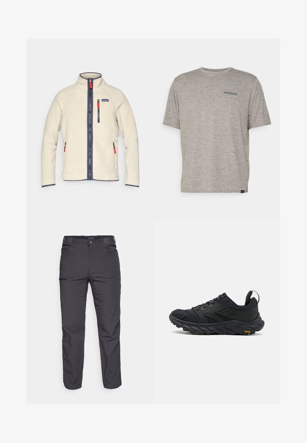 Krém színű polárdzseki magas gallérral, sötétkék cipzárakkal és kontrasztos piros cipzárhúzók. Oldalsó és mellzsebekkel rendelkezik. Texturált felület.; Szürke, rövid ujjú póló, puha, textúrált anyagból, bal mellkason egy kicsi kék Patagonia logóval. Nincsenek egyéb minták.; Sötétszürke nadrág tartós anyagból, zipzáros zsebbel, egyenes szabású és övhurkokkal az állítható illeszkedéshez.; Fekete túracipő hálós és gumiból készült felsőrésszel, tömör, texturált talppal, párnázott bokarészes és fényvisszaverő elemekkel. Vibram logó a talpon.