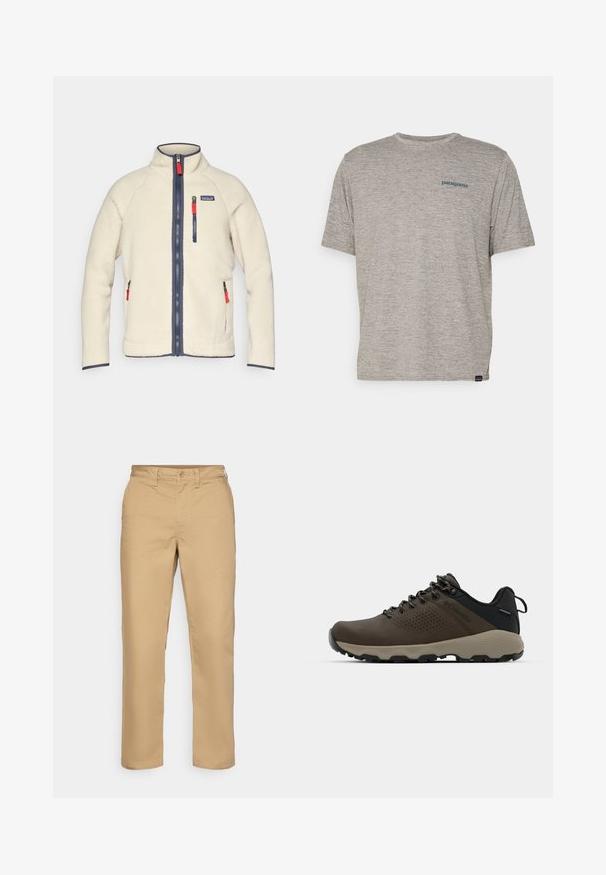 Kreminės spalvos fliso striukė su aukštu apykakle, tamsiai mėlynomis užtrauktukais ir kontrastingais raudonais užtrauktukų traukikliais. Yra šoninės ir krūtinės kišenės. Tekstūruotas paviršius.; Pilkas trumpas rankovės marškinėliai, pagaminti iš minkštos, tekstūruotos medžiagos, ant kairiojo krūtinės puikuojasi mažas mėlynas Patagonia logotipas. Be papildomų raštų.; Kaki kelnės pagamintos iš medvilnės mišinio audinio, su tiesia kojų forma, sagčių uždarymu, diržo kilpelėmis ir be matomų raštų ar akcentų.; Rudi nepralaidūs sportbačiai su tekstūruota viršutine dalimi, perforuotomis detalėmis, juodu kulno palaikymu ir pilku guminio padu. Šniūreliai yra dekoruoti metaliniais galais.