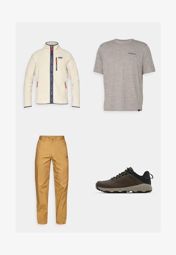 Cremfarbener Fleece-Jacke mit hohem Kragen, marineblauen Reißverschlüssen und kontrastierenden roten Zipper-Ziehen. Verfügt über Seitentaschen und eine Brusttasche. Strukturiert Oberfläche.; Graues T-Shirt mit kurzen Ärmeln, aus weichem, strukturiertem Stoff, mit einem kleinen blauen Patagonia-Logo auf der linken Brust. Keine zusätzlichen Muster.; Beige Arbeitshose für Männer mit Fronttaschen, Gürtelschlaufen, einem Knopfverschluss und einem kleinen runden Logo am rechten Oberschenkel.; Braune wasserdichte Sneakers mit einer strukturierten Oberseite, perforierten Akzenten, schwarzem Fersenschutz und einer grauen Gummisohle. Die Schnürsenkel sind mit metallischen Enden gestaltet.