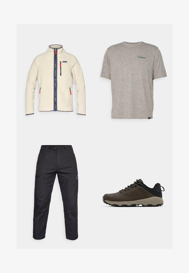Cream fleece jacket with a high collar, navy zippers, and contrasting red zipper pulls. Features side and chest pockets. Textured surface.; Gray short-sleeve t-shirt made of soft, textured fabric featuring a small blue Patagonia logo on the left chest. No additional patterns.; Black cargo pants with a smooth texture, featuring a zippered pocket on the thigh, adjustable waistband, and a logo patch on the leg.; Brown waterproof sneakers with a textured upper, perforated accents, black heel support, and a grey rubber sole. Laces are styled with metallic ends.