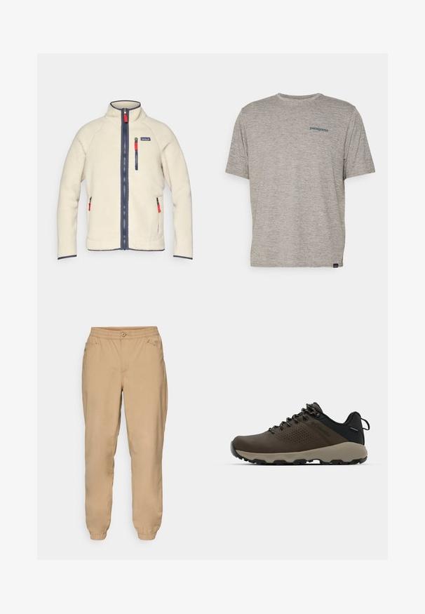 Crème fleece jack met hoge kraag, marineblauwe ritsen en contrasterende rode ritsthendels. Beschikt over zij- en borstzakken. Textuur oppervlak.; Grijze T-shirt met korte mouwen, gemaakt van zachte, gestructureerde stof, met een klein blauw Patagonia-logo op de linkerkant van de borst. Geen extra patronen.; Beige joggingsbroek met elastische tailleband, knoopsluiting, zijzakken en elastische boorden.; Bruine waterdichte sneakers met een gestructureerde bovenkant, geperforeerde accenten, zwarte hielsteun en een grijze rubberen zool. De veters zijn voorzien van metalen uiteinden.