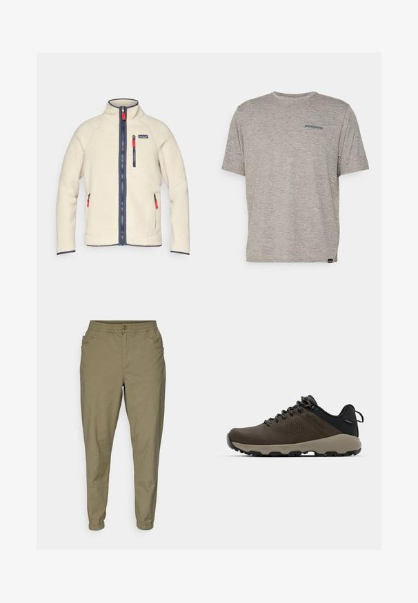 Cream fleece jacket with a high collar, navy zippers, and contrasting red zipper pulls. Features side and chest pockets. Textured surface.; Gray short-sleeve t-shirt made of soft, textured fabric featuring a small blue Patagonia logo on the left chest. No additional patterns.; Light olive green pants with an elastic waistband, button closure, side pockets, and tapered legs with elastic cuffs. Soft, smooth fabric.; Brown waterproof sneakers with a textured upper, perforated accents, black heel support, and a grey rubber sole. Laces are styled with metallic ends.