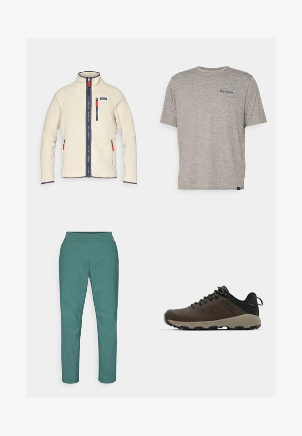 Kerman fleece-takki korkealla kauluksella, tummansinisillä vetoketjuilla ja kontrastoivilla punaisilla vetoketjun vetimillä. Sisältää sivu- ja rintataskut. Rakenteellinen pinta.; Harmaa lyhythihainen t-paita, joka on valmistettu pehmeästä, teksturoidusta kankaasta ja jossa on pieni sininen Patagonia-logo vasemmassa rinnassa. Ei muita kuvioita.; Vihreät, kevyet housut, joissa on joustava vyötärö, kaksi sivutaskua ja suorahihainen muotoilu. Sileä pinta, jossa on minimaalinen ommelteksti.; Ruske vedenäyttävät lenkkarit, joissa on tekstuuroitu päällinen, reikiä korostavia yksityiskohtia, musta kantatuki ja harmaa kumipohja. Kiristysnauhoissa on metalliset päät.