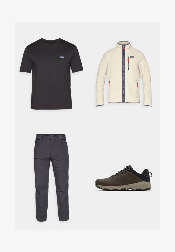 Krém színű polárdzseki magas gallérral, sötétkék cipzárakkal és kontrasztos piros cipzárhúzók. Oldalsó és mellzsebekkel rendelkezik. Texturált felület.; Fekete, rövid ujjú pamut póló, bal oldalon mellzsebbel, melynek kék Patagonia logója van.; Sötétszürke nadrág tartós anyagból, zipzáros zsebbel, egyenes szabású és övhurkokkal az állítható illeszkedéshez.; Barna vízálló sportcipők texturált felsőrésszel, perforált díszítésekkel, fekete saroktámasszal és szürke gumi talppal. A cipőfűzők fém végződésekkel vannak ellátva.