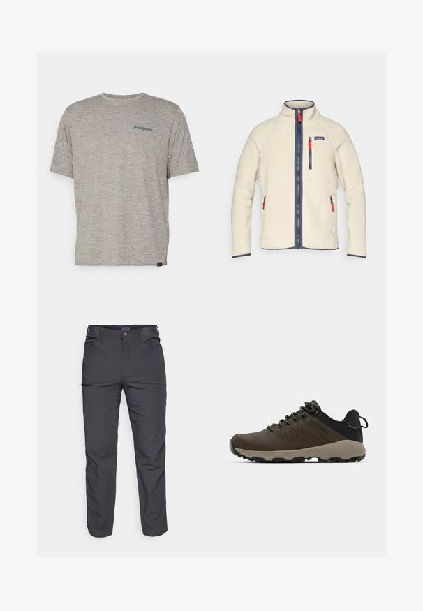 Chaqueta de forro polar crema con cuello alto, cremalleras azul marino y tiradores de cremallera rojos en contraste. Cuenta con bolsillos laterales y en el pecho. Superficie texturizada.; Camiseta gris de manga corta hecha de una tela suave y texturizada, que presenta un pequeño logotipo azul de Patagonia en el lado izquierdo del pecho. Sin patrones adicionales.; Pantalones oscuros de color gris, hechos de un tejido duradero, que cuentan con un bolsillo con cremallera, corte recto y trabillas para cinturón para un ajuste ajustable.; Zapatillas impermeables marrones con parte superior texturizada, acentos perforados, soporte para el talón negro y suela de goma gris. Los cordones tienen extremos metálicos.