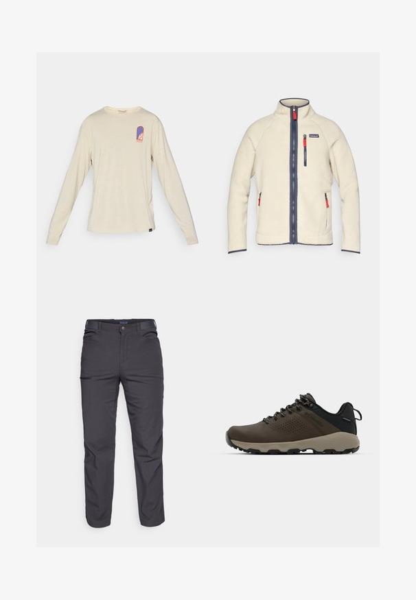 Cremfarbener Fleece-Jacke mit hohem Kragen, marineblauen Reißverschlüssen und kontrastierenden roten Zipper-Ziehen. Verfügt über Seitentaschen und eine Brusttasche. Strukturiert Oberfläche.; Beige Patagonia Hemd mit langen Ärmeln und kleinem blauen und roten Logo auf der oberen linken Brust, das ein stilisiertes Design und Text zeigt.; Dunkelgraue Hose aus strapazierfähigem Material, mit einer Reißverschlusstasche, geradem Schnitt und Gürtelschlaufen für eine verstellbare Passform.; Braune wasserdichte Sneakers mit einer strukturierten Oberseite, perforierten Akzenten, schwarzem Fersenschutz und einer grauen Gummisohle. Die Schnürsenkel sind mit metallischen Enden gestaltet.