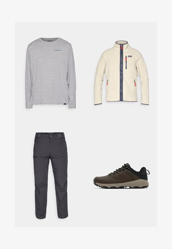 Cremfarbener Fleece-Jacke mit hohem Kragen, marineblauen Reißverschlüssen und kontrastierenden roten Zipper-Ziehen. Verfügt über Seitentaschen und eine Brusttasche. Strukturiert Oberfläche.; Hellgraues Langarm-T-Shirt aus weichem, strukturiertem Stoff. Verfügt über einen Rundhalsausschnitt und ein kleines blaues Patagonia-Logo auf der Brust.; Dunkelgraue Hose aus strapazierfähigem Material, mit einer Reißverschlusstasche, geradem Schnitt und Gürtelschlaufen für eine verstellbare Passform.; Braune wasserdichte Sneakers mit einer strukturierten Oberseite, perforierten Akzenten, schwarzem Fersenschutz und einer grauen Gummisohle. Die Schnürsenkel sind mit metallischen Enden gestaltet.