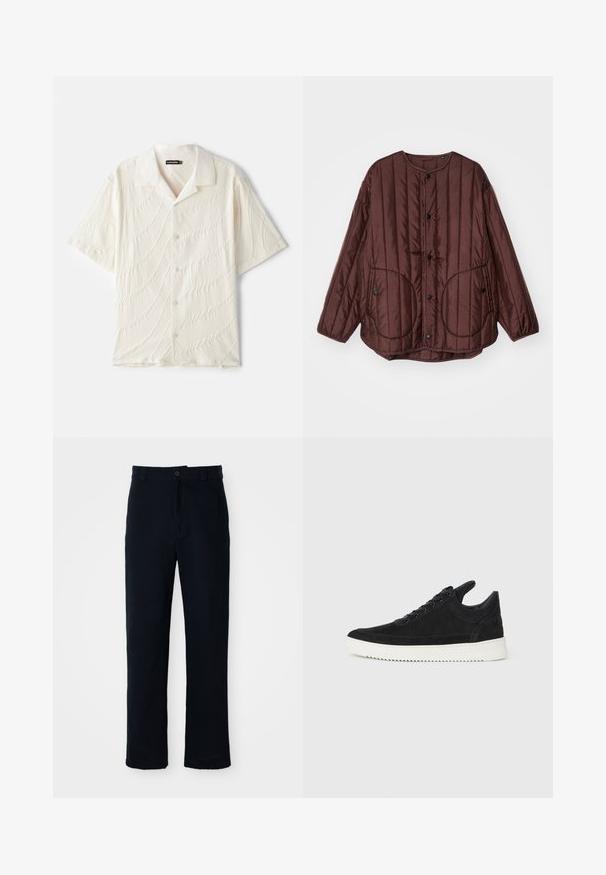 Bruine gestikte jas met een ronde halslijn, drukknoopsluiting, twee grote ronde zakken en textuur in verticale stiksels overal.; Korte mouwen button-up blouse in gebroken wit, met een geweven stof met golvende patronen en een klassieke kraag.; Marineblauwe broeken van katoen, met een recht model, een sluiting met een knoop aan de voorkant en een klassieke tailleband met riemlussen.; Zwarte suède sneakers met een witte rubberen zool, voorzien van tonale stiksels en een vetersluiting. Glad oppervlak met een moderne, gestroomlijnde vorm.