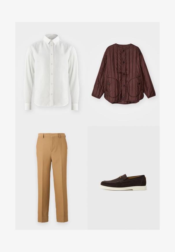Barna steppelt dzseki kerek nyakkivágással, patentgombokkal, két nagy kerek zsebbel, és függőleges textúrált varrással az egész felületen.; Fehér, hosszú ujjas ing sima anyagból, klasszikus gallérral és gombos elülső résszel, világos színű gombokkal.; Vékony, szőtt anyagból készült bézs szövetnadrág, amely egyenes szabású, sima elülső résszel és övpántokkal rendelkezik. Sima textúrával rendelkezik, látható minták nélkül.; Sötétbarna velúr loafer, texturált orr résszel, világos krém gumi talppal és arany színű fém részletekkel. Márkázás az oldalon.