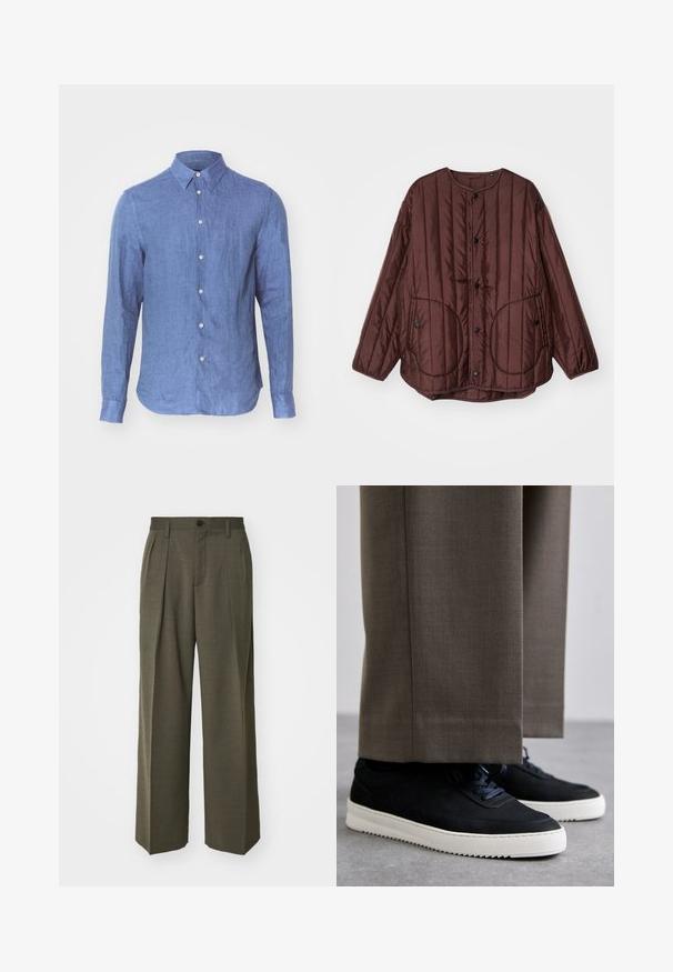 Giacca trapuntata marrone con scollo rotondo, bottoni a pressione, due grandi tasche circolari e cuciture verticali testurizzate in tutto il capo.; Camicia in lino blu con colletto button-down, maniche lunghe, chiusura frontale con bottoni e orlo leggermente arrotondato. Tessuto liscio e strutturato.; Filippa K WIDE TROUSERS - Pantaloni - driftwood; Sneakers in suede nera con suole in gomma bianca, dotati di punta tonda e lacci, indossati con pantaloni grigi su misura.