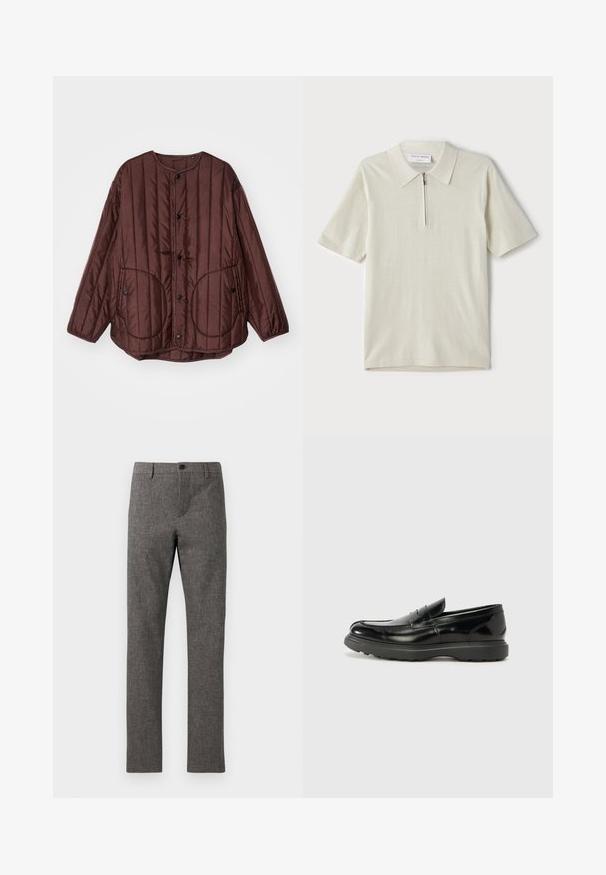 Brown quilted jacket with a round neckline, snap buttons, two large circular pockets, and textured vertical stitching throughout.; Short-sleeve polo shirt in light beige with a zippered collar. Made of smooth fabric, features a simple, modern design without patterns.; Gray dress pants in a textured, woven fabric. Tailored fit with a flat front, zip fly, and single button closure. No additional pockets visible.; Black leather loafer with a glossy finish, rounded toe, subtle stitching details, and a thick rubber sole for durability.