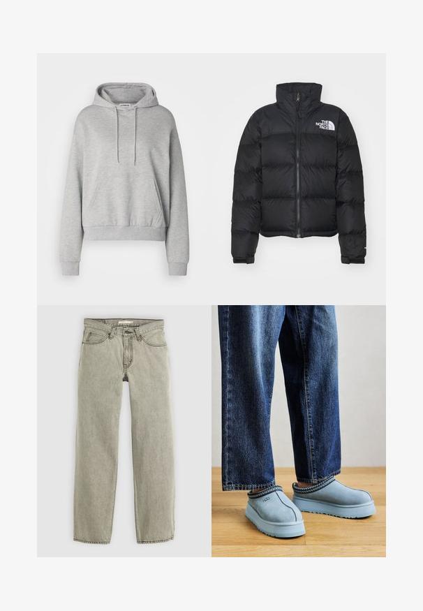 Giacca a vento nera con collo alto, zip frontale e polsini a coste. Presenta sezioni a quadri orizzontali e un logo bianco sul petto.; Felpa grigia in misto cotone, con tasca a kangaroo, cappuccio con cordino, maniche lunghe e polsini e orlo a costine.; Jeans grigi chiari a gamba dritta con chiusura a bottone e zip anteriore, passanti per cintura e design con cinque tasche.; Scarpe UGG blu in suede, senza lacci, con suole spesse, indossate con jeans blu su un pavimento di legno contro uno sfondo semplice.
