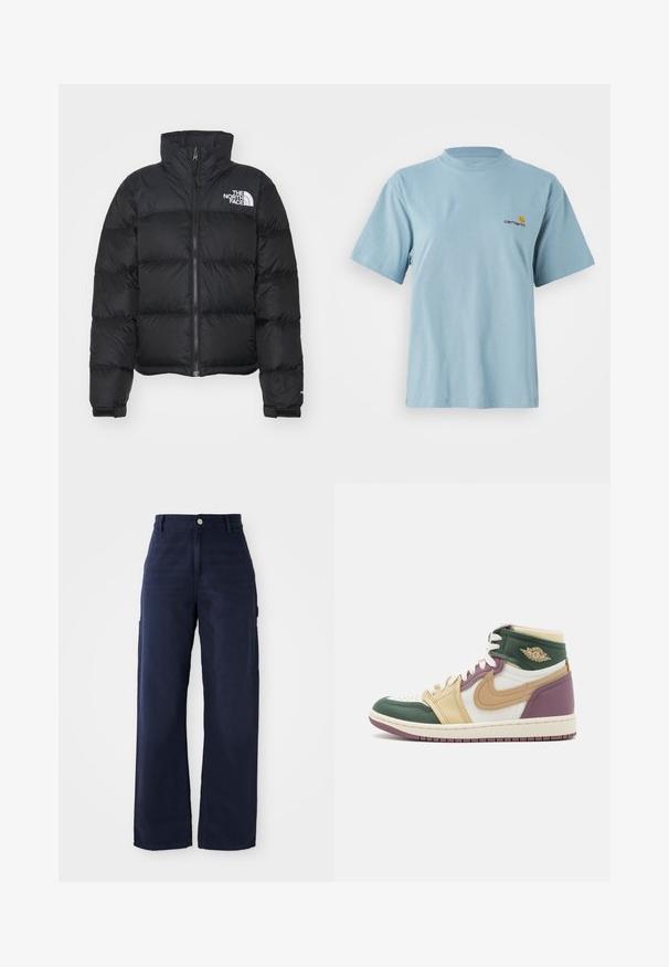 Crni puf jakna s visokim ovratnikom, prednjim zatvaračem i rebrastim manžetama. Ima horizontalne kviltane sekcije i bijeli logo na prsima.; Svijetloplavi kratki pamučni majica s kratkim rukavima, okruglim izrezom i malim žutim i crvenim Carhartt logom na lijevoj strani prsiju.; Mornarskoplave široke cargo hlače od čvrste pamučne tkanine, sa bočnim džepovima i dugmetom za zatvaranje u struku.; Visoka košarkaška tenisica s zelenim, bež i burgundskim kožnim panelima, mrežastim jezikom, perforiranim prstom i bijelim vezicama. Istaknuti ikonasti swoosh logo.