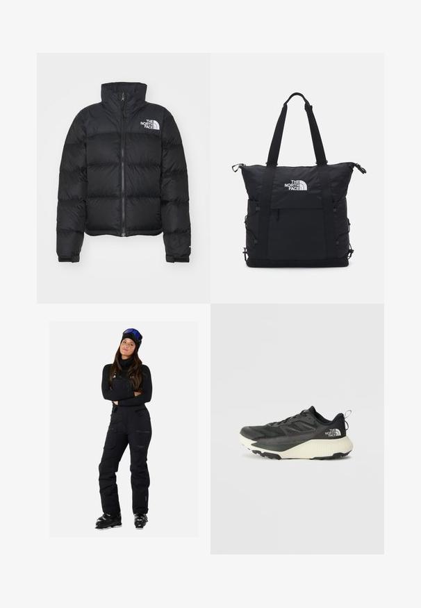 Sort pufferjakke med høj krave, lynlås foran og ribbede manchetter. Har horisontale quiltede sektioner og et hvidt logo på brystet.; The North Face SHADOW SHORT SLEEVE - Sports T-shirts - white dune; Sorte skijakker med justerbare stropper, flere lommer og et slankt, vandafvisende design. Har en tætsiddende pasform og holdbart stof.; Sort atletiksko med en tekstureret overdel, prydet med grå accenter og en hvid mellemsål. Inkluderer en trækslynge og en fremtrædende mærkelogo på hælen.; Sort tote bag med polstret design, top lynlås lukning, dobbel korte stropper og logo på fronten; har sidelommer og justerbare stropper.