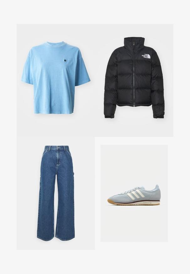 Mustmust vest kõrge käega, lukuga ees ja soonivarrukatega. Omab horisontaalseid õmmeldud sektsioone ja valget logo rinnal.; Hele sinine puuvillane T-särk ümmarguse kaelusega, lühikeste varrukatega ja ruudukujuline logo kleebis vasakul rinnaosas. Pehme tekstuur ja mugav lõige.; Laiene jalad sinised denim püksid kõrge vöökohaga, kontrastsete õmblustega ja küljetaskutega, klassikalise viie taskuga disainiga ja toore servaga.; Heledad sinine sametist tennis, millel on valged kolm triipu, kummitald ja tekstureeritud sisu. Tooteomadused hõlmavad sujuvat varbakatet ja brändingut kontsapooles.