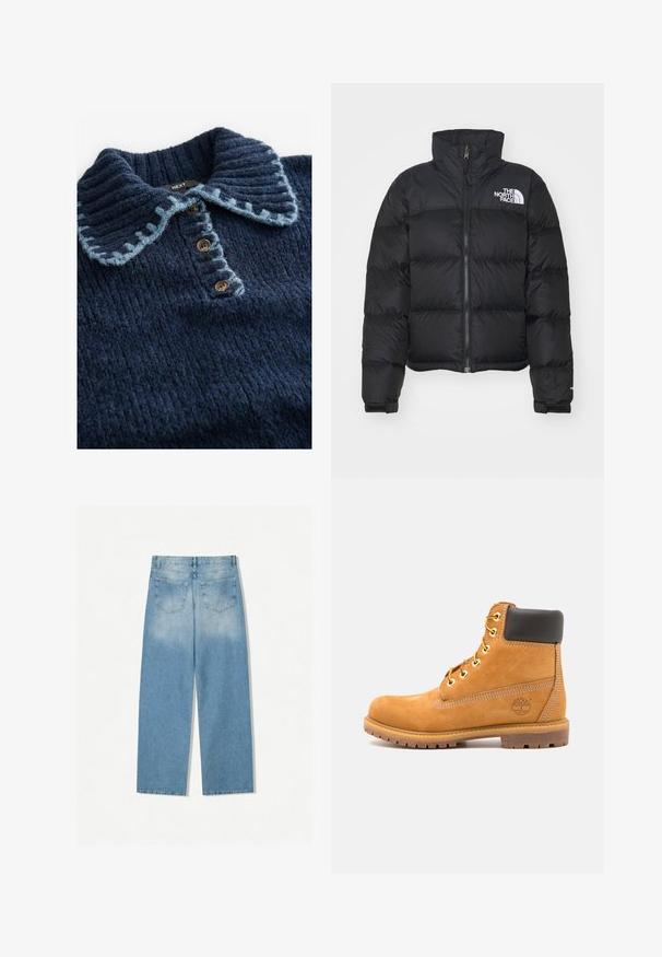 Zwarte pufferjack met hoge kraag, rits aan de voorkant en geribbelde manchetten. Bevat horizontaal gestikte secties en een wit logo op de borst.; Next WITH STITCH COLLAR DETAIL - Longsleeve - blue navy; Lichtblauwe denim jeans met een rechte pijpdesign, met twee achterzakken en een vervaagde textuur in de bovenste secties.; Bruine leren enkelboot met zwarte voering, gouden oogjes en een gestructureerde zool. Kenmerkt zich door een cirkelvormig logo aan de zijkant en stikselaccenten.